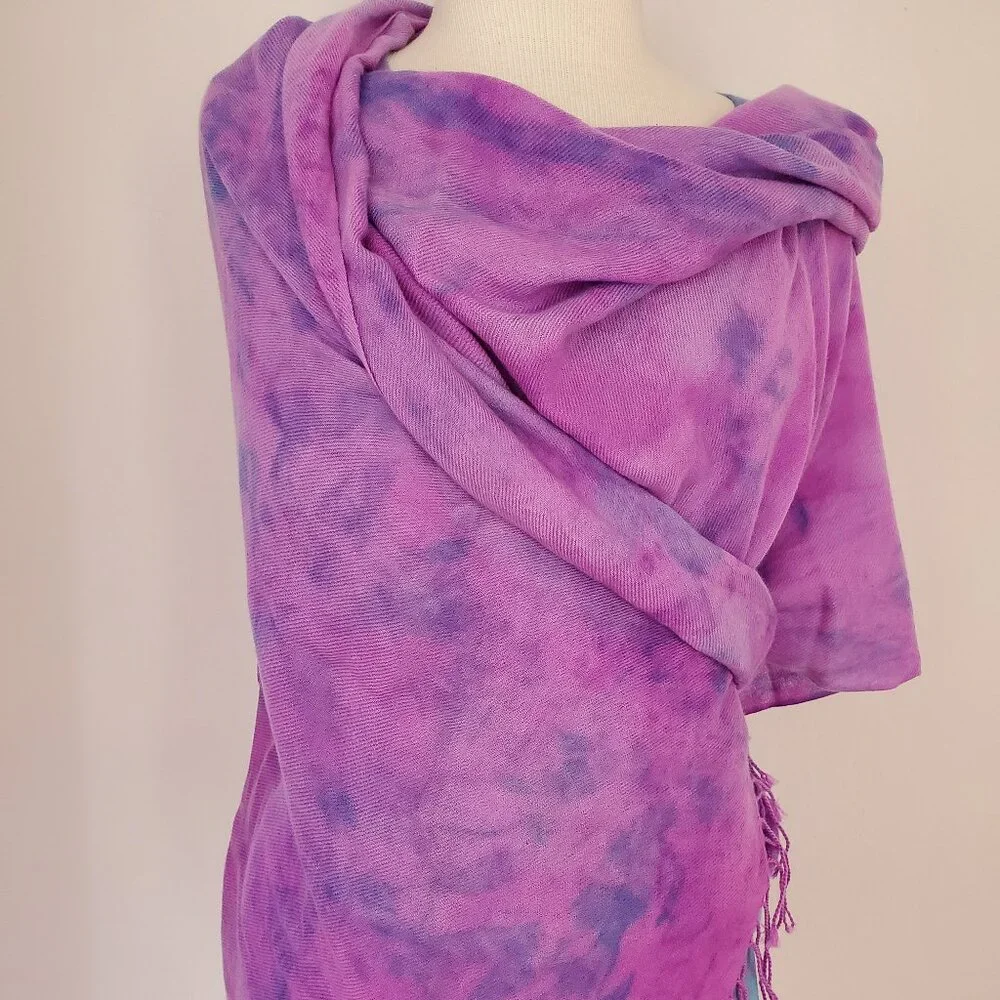 NEW Cashmere merino oversized Scarf Wrap tie dyed brunello blue purple pink XL